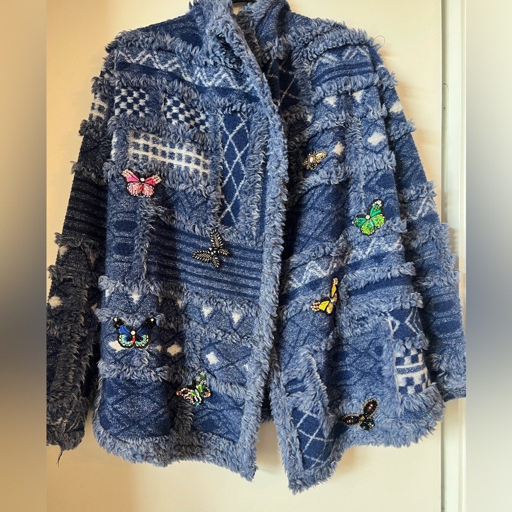 Johnny Was Blue Shaggy Knit Cardigan with Multicolor Butterfly Appliqués